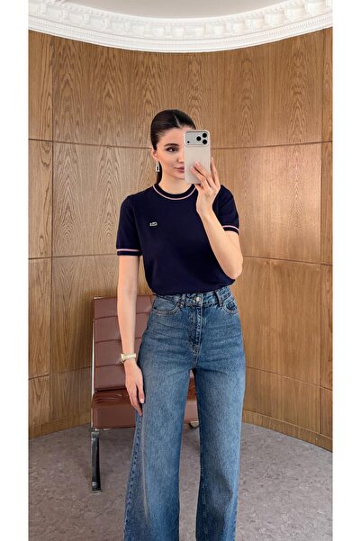 HAZELANNA Navy Blue Knitwear with Collar Piping