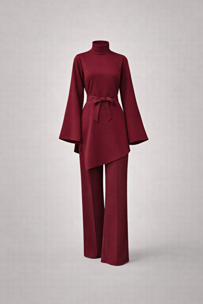 Tarzım Tuba Kuşaklı Modern Kesim Esnek Scuba Pantolon Tunik Set