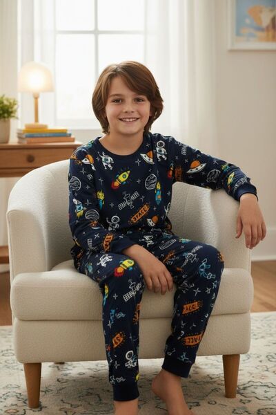 SERRASTIL Boys' Pajama Set, Navy Blue Color, Astronaut Pattern, Cotton Interl...