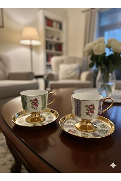 Kosova 2-Person Porcelain Turkish Coffee Cup Set - Lilac & Green Floral Patte...