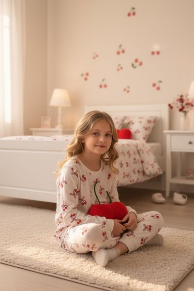 SERRASTIL SET Pijamale pentru fete CULOARE ALBĂ CU MODEL CIREȘE ȚESĂTURĂ SUPREM DE BUMBAC CU MÂNECĂ LUNGĂ