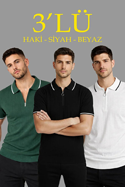 MODA Men's 3-Pack Woven Knitwear Zippered Collar Ribbed Short Sleeve Regular ...