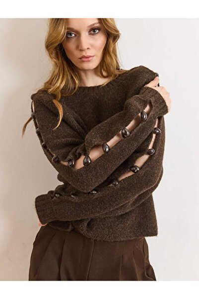 ANBLYs COLLECTION Wool Blend Sweater with Wooden Accessory Detail, Crew Neck,...