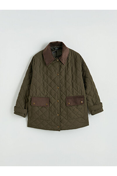 LC Waikiki Haki Büyük Beden Kadife Yaka Kapitone Kadın Mont