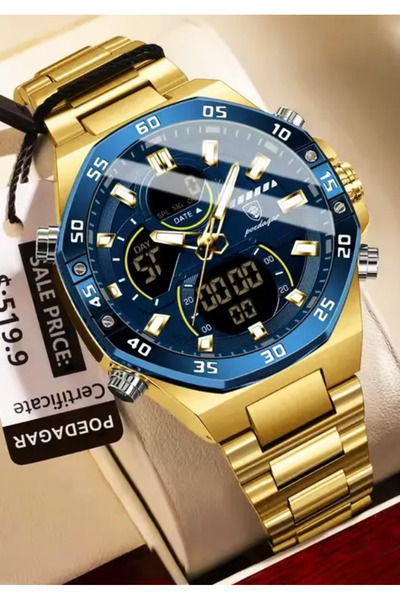 POEDAGAR Metal Case Metal Band Analog and Digital Luxury Sports Men's Wristwatch