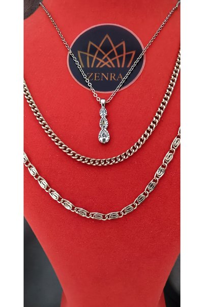 Çelik Multi-Pendant 3-Piece Silver Women's Set with Zircon Stone Detail