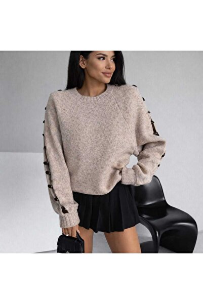 ANBLYs COLLECTION Wool Blend Sweater with Wooden Accessory Detail, Crew Neck,...