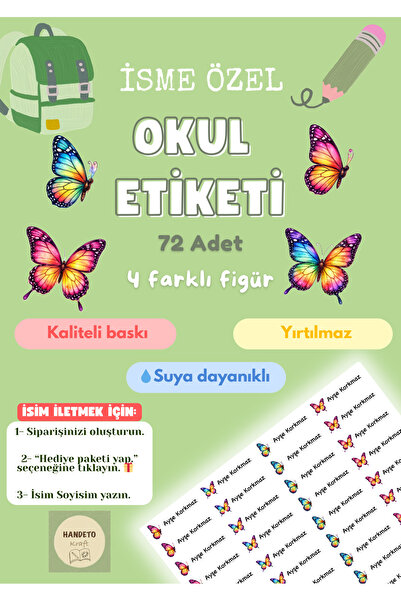 Handeto Kraft 72 Adet Kelebek Temalı Kişiye Özel Okul Etiketi İsim Yazılabile...