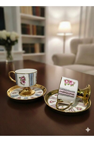 Kosova 2-Person Porcelain Turkish Coffee Cup Set - Pink & Blue Floral Pattern...