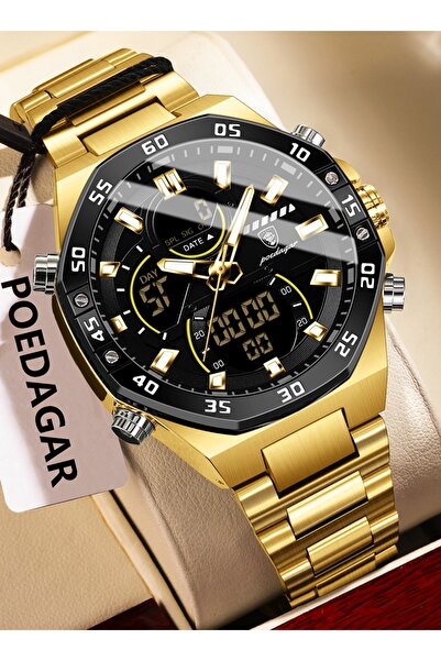 POEDAGAR Metal Case Metal Band Analog and Digital Luxury Sports Men's Wristwatch