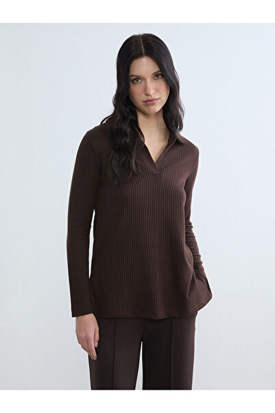 LC Waikiki Nevavm Women's Polo Collar Ribbed Sweatshirt with a Difference