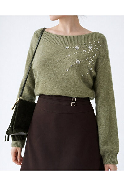 Qualia Butik Women's Stone Embellished Off-Shoulder Sweater