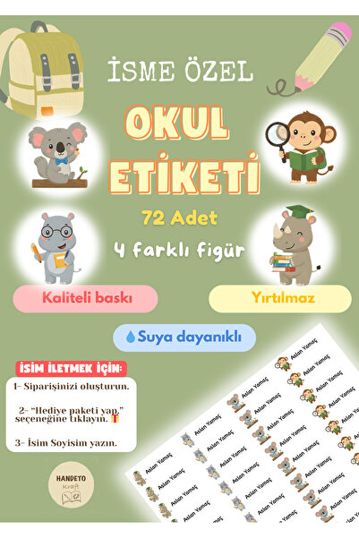 Handeto Kraft 72 Adet Safari Temalı Kişiye Özel Okul Etiketi İsim Yazılabilen...