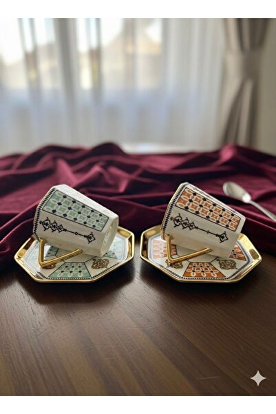 Kosova 2-Person Porcelain Turkish Coffee Cup Set - Orange & Water Green Geome...