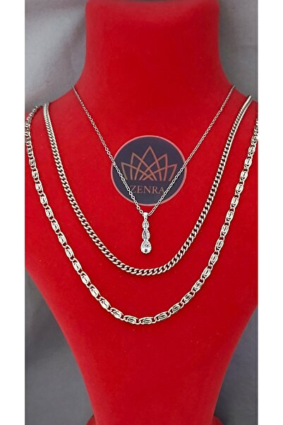 Çelik Multi-Pendant 3-Piece Silver Women's Set with Zircon Stone Detail