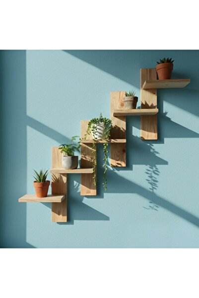 Ev dekka Delme Gerektirmeyen Güçlü Bantlı Masif Ahşap Raf - 125 cm Merdiven T...