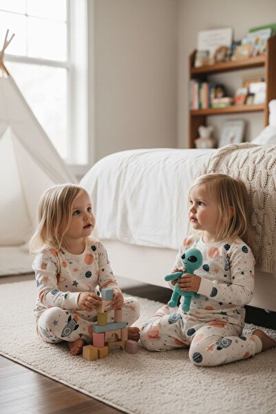 SERRASTIL KIZ ÇOCUK PİJAMA TAKIMI BEYAZ RENKLİ GEZEGEN DESENLİ PAMUKLU SÜPREM...