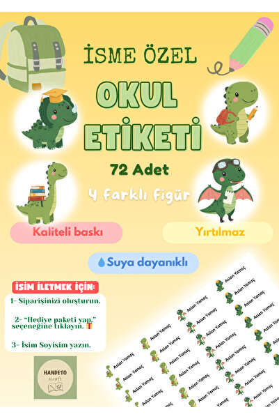 Handeto Kraft 72 Adet Dinozor Temalı Kişiye Özel Okul Etiketi İsim Yazılabile...