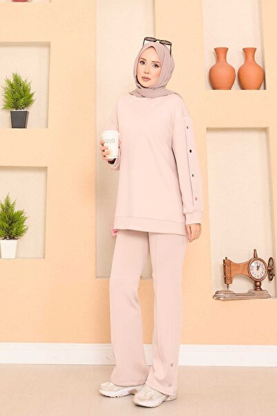 EBRUTESETTÜR Slit and Snap Detailed Hijab Two-Piece Set Stone