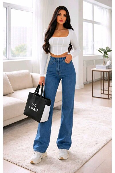 NWC Christian Women's Medium Blue Lycra Super High Waist Loose Leg Denim Pala...