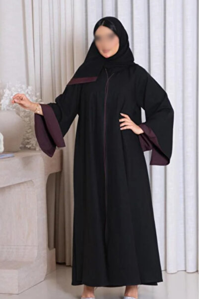 Abay-ti Women's abaya with lined sleeves in burgundy color, featuring a styli...