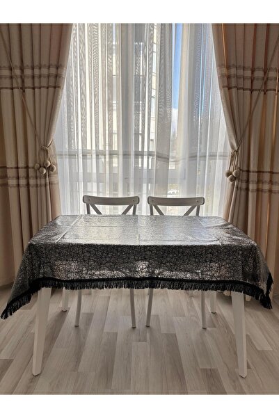Altın Çeyiz Tekstil Black Geometric Dobby Plastic Tablecloth with Fringes for Kitchen