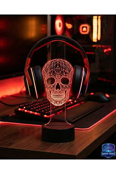 dekarasyon RGB Gamer Oyuncu Kulaklık Standı Geometrik İskelet Kuru Kafa Kulak...