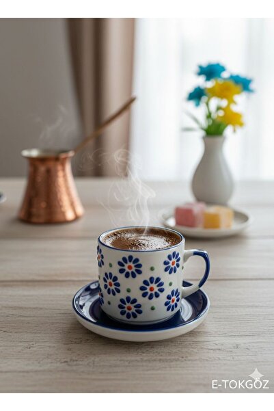 TOKGÖZ TİCARET كوب بورسلين مزخرف بالزهور مع طبق