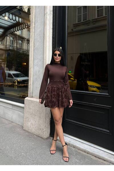 Perry Boutique Women's Brown Pearl Detailed Mini Dress