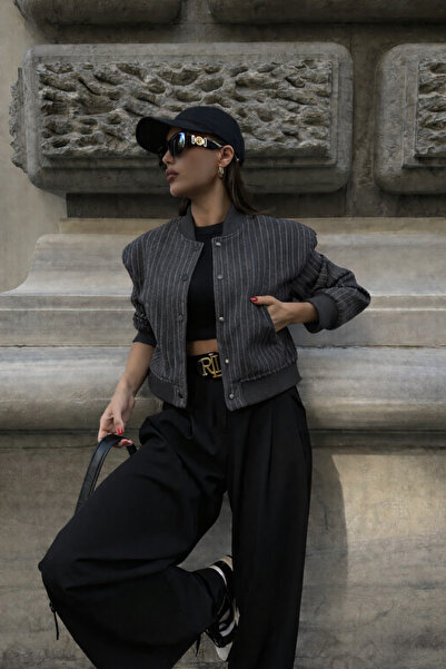 Perry Boutique Women's Striped Pocketed Cashmere Bomber Jacket