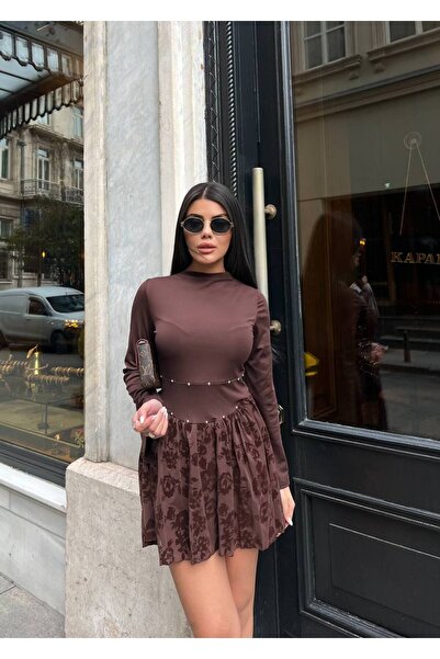 Perry Boutique Women's Brown Pearl Detailed Mini Dress