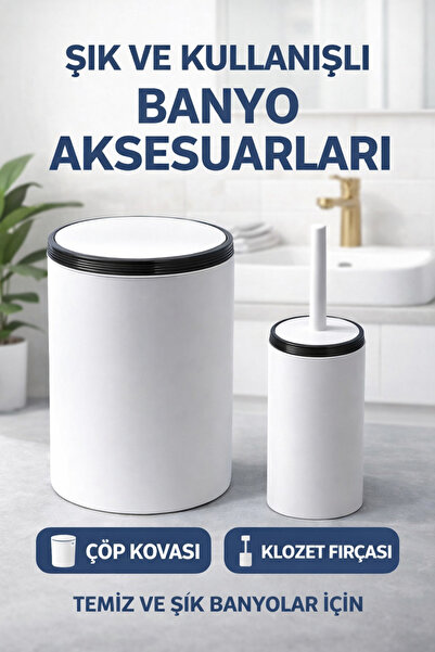 Saatistan Hijyenik Kapaklı Çöp Kovası ve Klozet Fırçası Seti, Banyo İçin Uygun