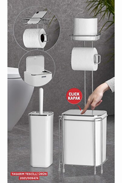 Saatistan Krom Yedekli WC Kağıtlık ve Fırça Seti, Beyaz Çöp Kovasıyla Şık ve ...