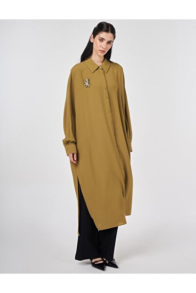 Kayra İşlemeli Krep Uzun Tunik Haki