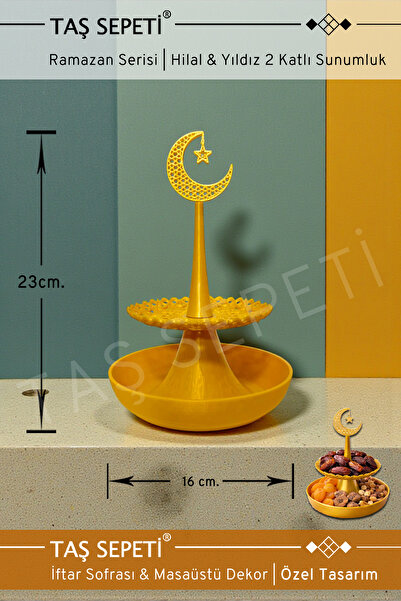 TAŞ SEPETİ Hurmalık Hilal Yıldız Altın 2 Katlı Ramazan Sunumluk 1.Kalite İfta...