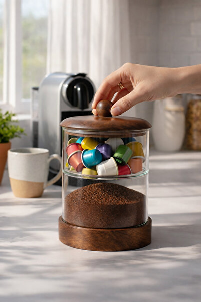 Paşabahçe 2 Katlı Vakumlu Akasya Kapaklı Cam Kahve Kapsül Saklama Kavanozu - ...