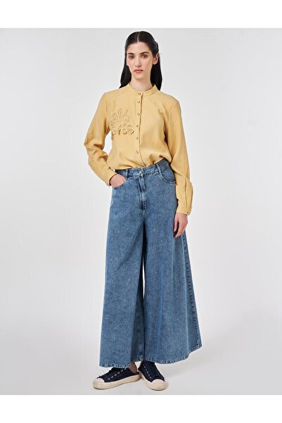Kayra Washable Wide Leg Denim Trousers Blue