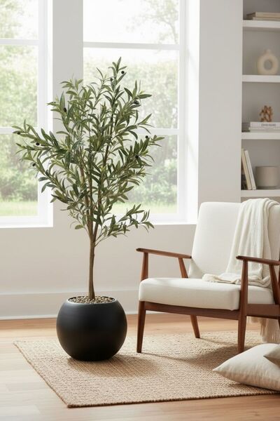Casco An artificial olive tree, 120cm tall, in an elegant round pot.