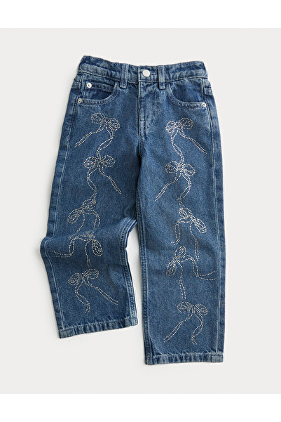 Marks & Spencer Pamuklu Denim Fiyonk Taş Detaylı Jean (2-8 Yaş)