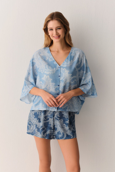 SUWEN Paisley Shirt Collar Shorts Pajama Set