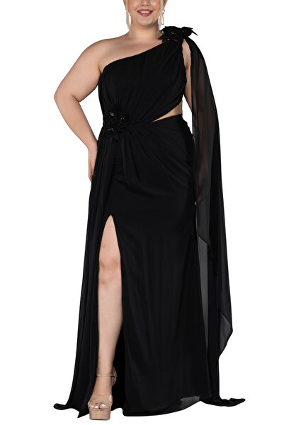 Arden Büyük Beden Uzun Genç Abiye, Şifon Tek Omuz Yırtmaçlı Drapeli Nişan, Me...