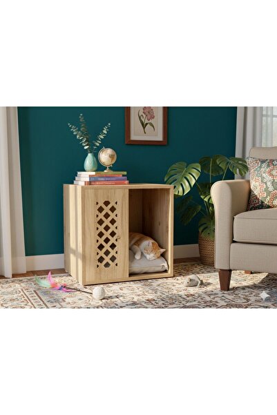 AYC HOUSE Ahşap desenli kedi evi çok amaçlı yan sehpa ve kedi kulübesi MDF 50...