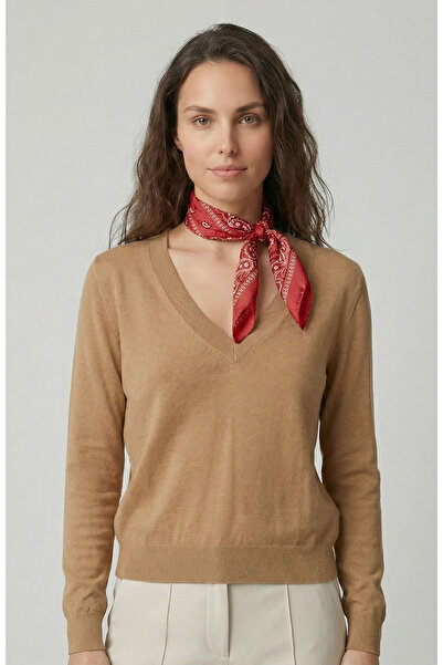 Network Yağ Yeşili İpek Karışımlı V Yaka Kazak