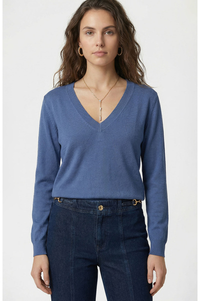 Network Mavi İpek Karışımlı V Yaka Kazak