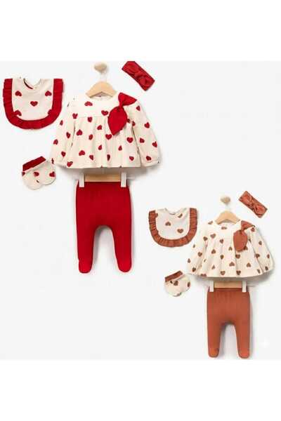 Leylababybutik 5 Li %100 Pamuklu Büyük Kalp Detaylı Kız Bebek Takımı