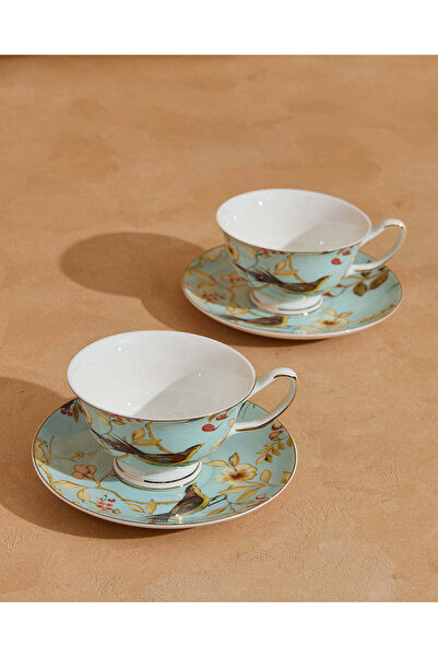REDTAG Mint And White Floral Print Cup And Saucer Set (4 Piece)