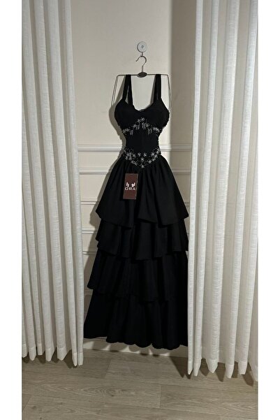 Ora Black Barbie dress with layers and hand embroidery