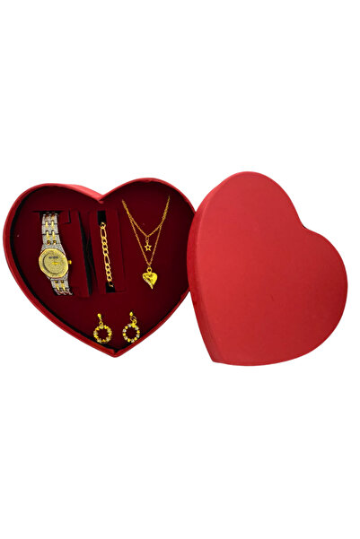 TEKMAKG Kadın Saat Takı Seti İki Renk Taşlı Kadran Kalp Yıldız Kolye Küpe Bil...