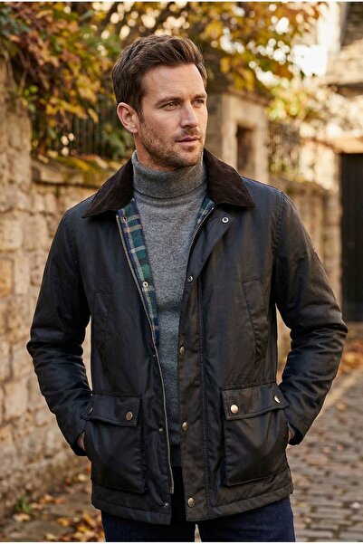 LTC Jeans Men's Black Coat with Waxed Lining and Velvet Collar