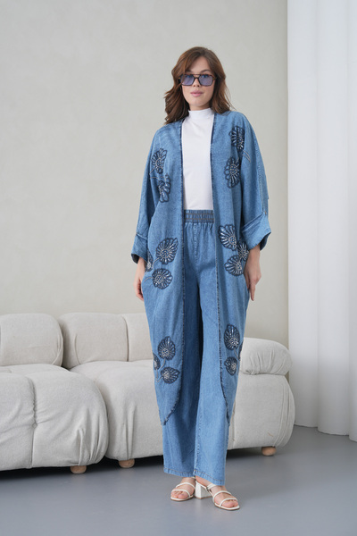 Miss Allos Women's Front Embroidered Beaded Denim Kimono Cardigan and Denim T...